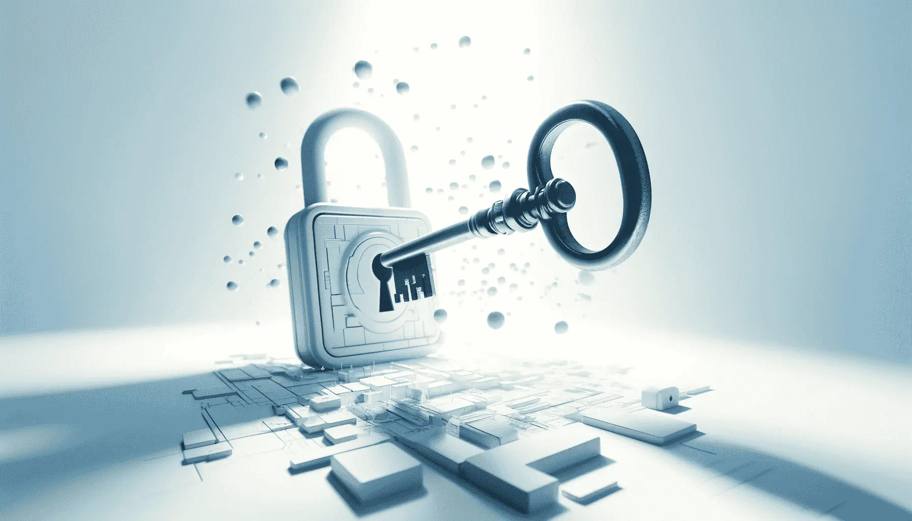 An illustration depicting a large, old-fashioned key unlocking a futuristic padlock. The scene is set against a light background, with various abstract geometric shapes and elements around the key and lock, suggesting a theme of digital security or unlocking digital information.