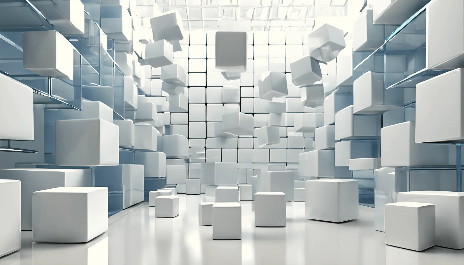 Floating and stacked glossy white cubes in a futuristic, reflective room.