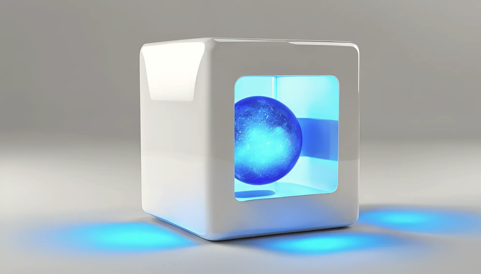 Glossy white cube with a glowing blue sphere inside.